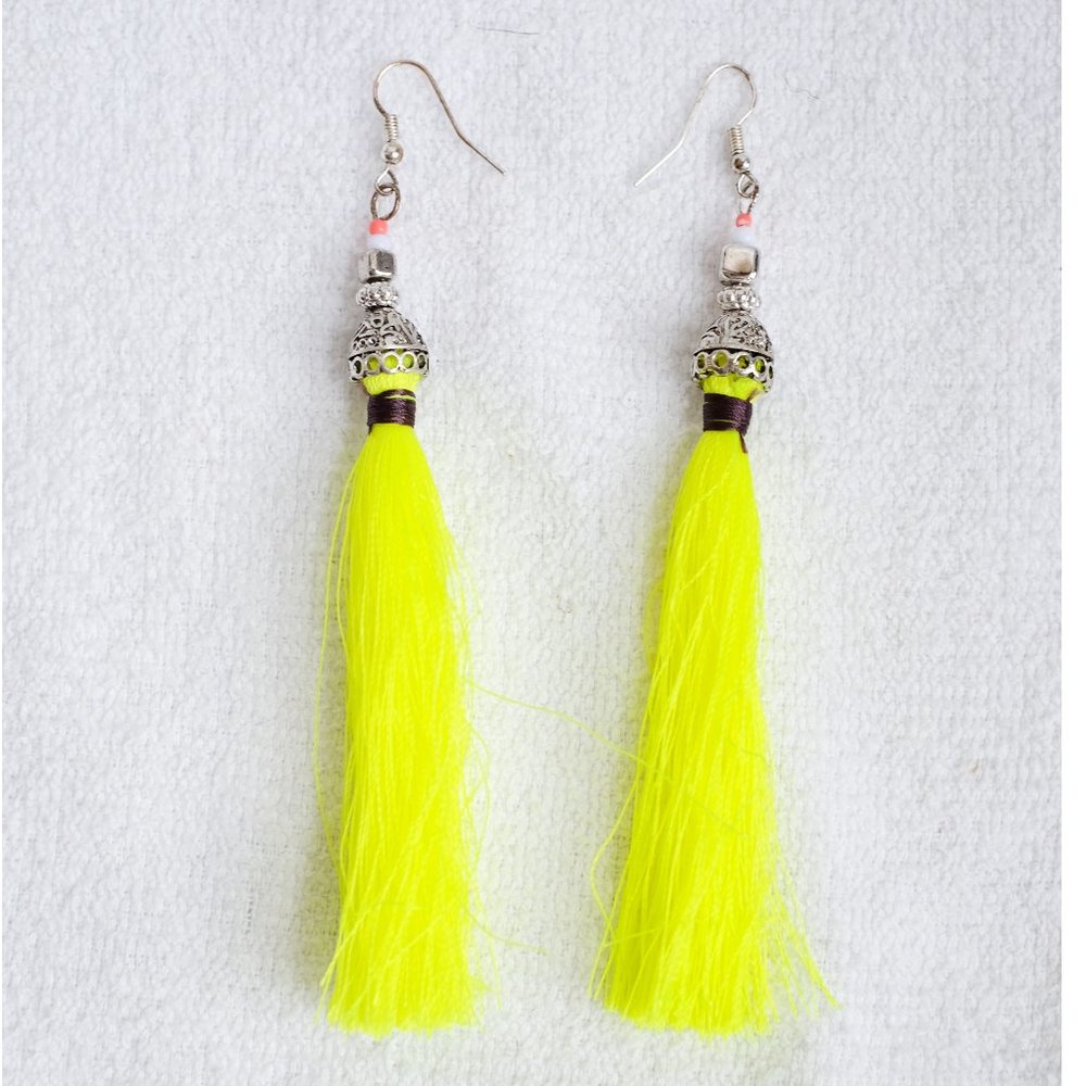 Long Yellow String Tassel statement Earrings 4.75"